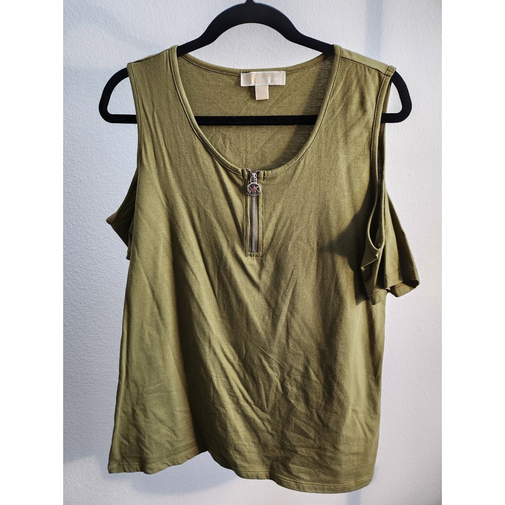 Michael Kors Olive Green Cold Shoulder Quarter Zip Tank Top Women's Size L